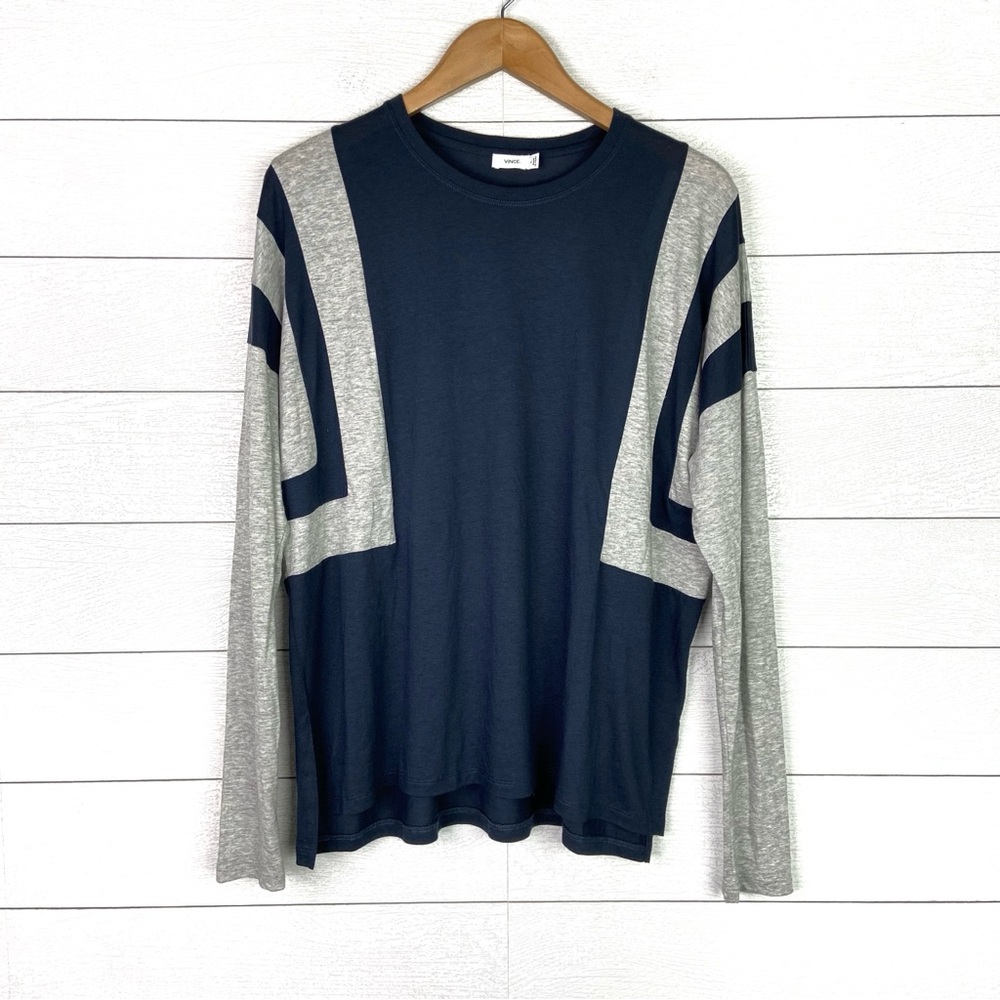 VINCE Colorblock Long Sleeve Knit Top Navy Blue Gray Medium Casual